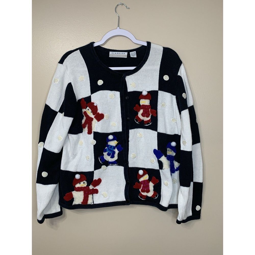 Vtg Classics By Marisa Christina‎ 3D Christmas Sweater Black White Snowmen Sz XL